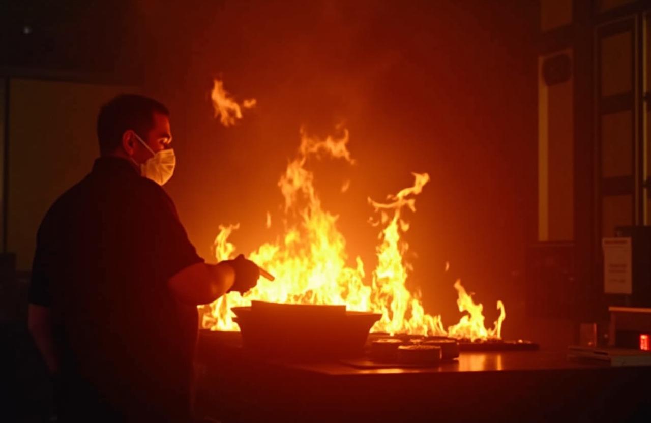 シェフが炎の前で料理を鍛造している様子