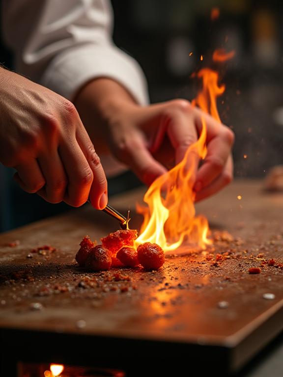 食材に焼き目を入れる職人の手元のクローズアップ